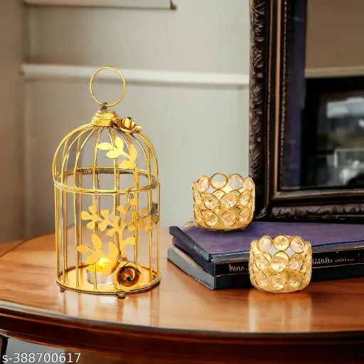 Decor Iron Bird Cage 1 pcs And Votive Crystel Tealight Holder pack of 2 pcs