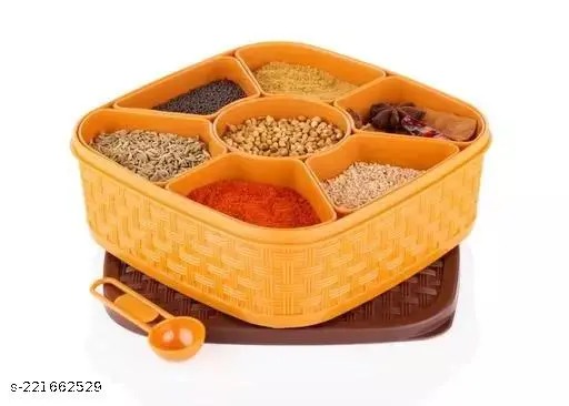  Square Spice Box, Plastic Square 7 Sections Multipurpose Masala Rangoli Dabba Box Set (Brown) 1 Piece Spice Set