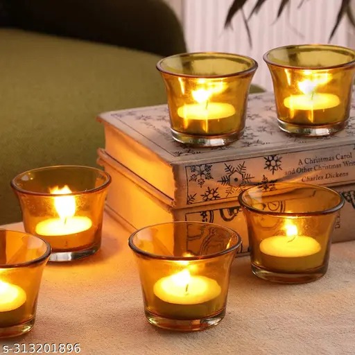 New Elegent Craft Set of 4 Votive Glass Tealight Candle Holders - Decorations Items for Home Décor Living Room Bedroom Dining Table (Yellow) - Gifts