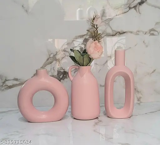 Ceramic Vase Set of Three Ring Vase, Mug Vase and Hollow Vase Pink Color