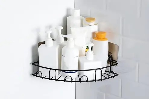 EazyClean Bathroom Rack Shelf Storage Organizer, Self Adhesive Wall Mount, Metal Body, Use in Kitchen, Bathroom, Toile, Corner Round, Accessories Set for Home, Black - Pack of (1