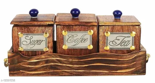  Handicrafts Wooden Large Tea Coffee Sugar Large Container Set in Wooden Tray