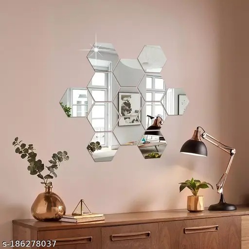  13 Hexagon (Silver) | 3D Acrylic Glass Decorative Mirror Wall | Mirror Stickers for Wall | Wall Mirror Stickers | Wall Stickers for Hall Room | Bed Room | Kitchen Etc.